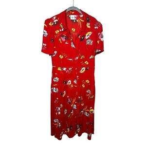 Cabi Red Floral Dress M Button Front Collared Fit Flare Midi Summer Cottagecore